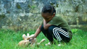 Niña jugando con un cachorro en el jardín, ejemplo de perros para niños